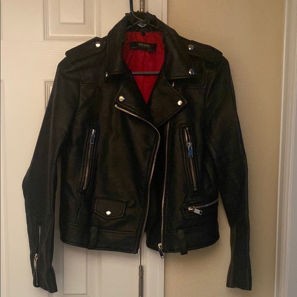Zara Black and Red Leather Moto Jacket with Asymmetrical Zipper